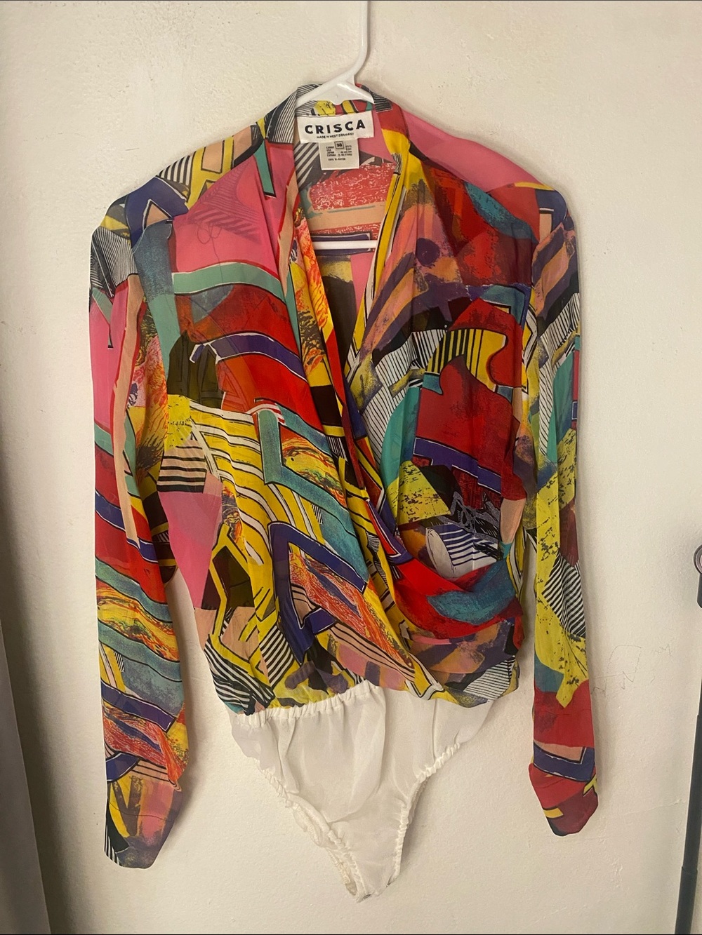 Multicolor Abstract Wrap Bodysuit Top - Pink/Red/Yellow100 Rayon